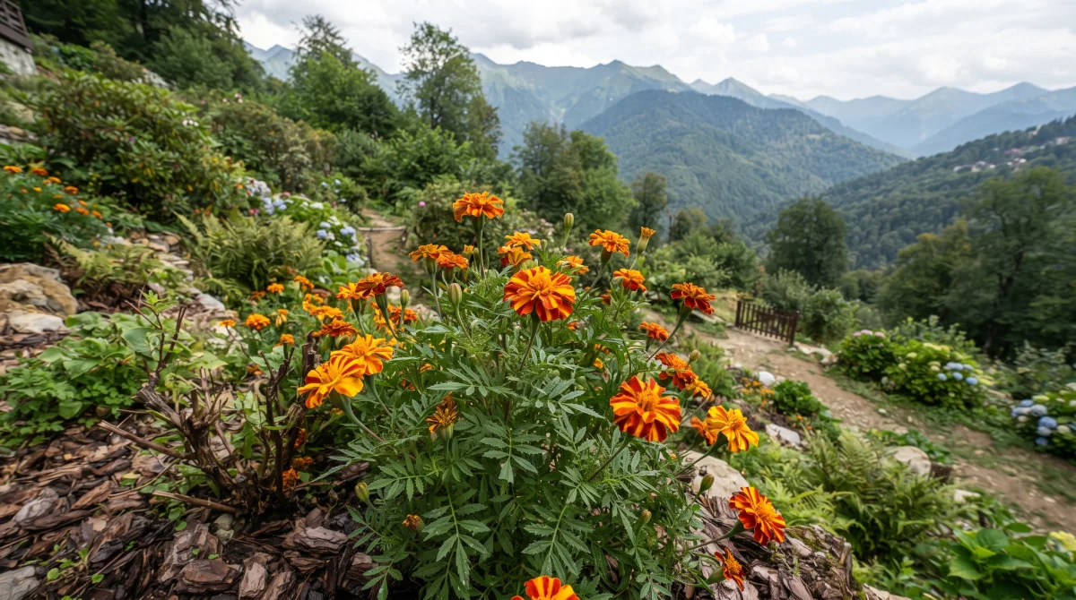 Бархатцы на горном склоне в Красной Поляне