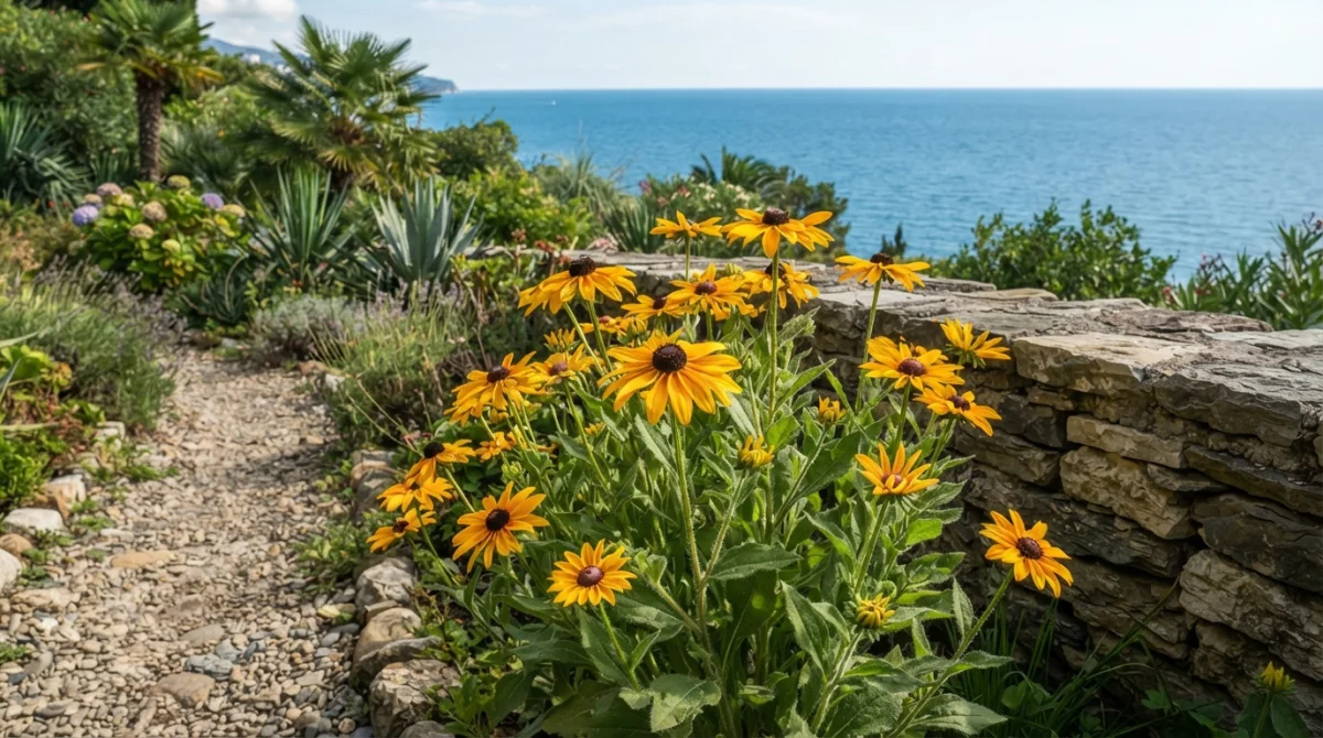 Рудбекия в приморском саду Сочи у подпорной стенки