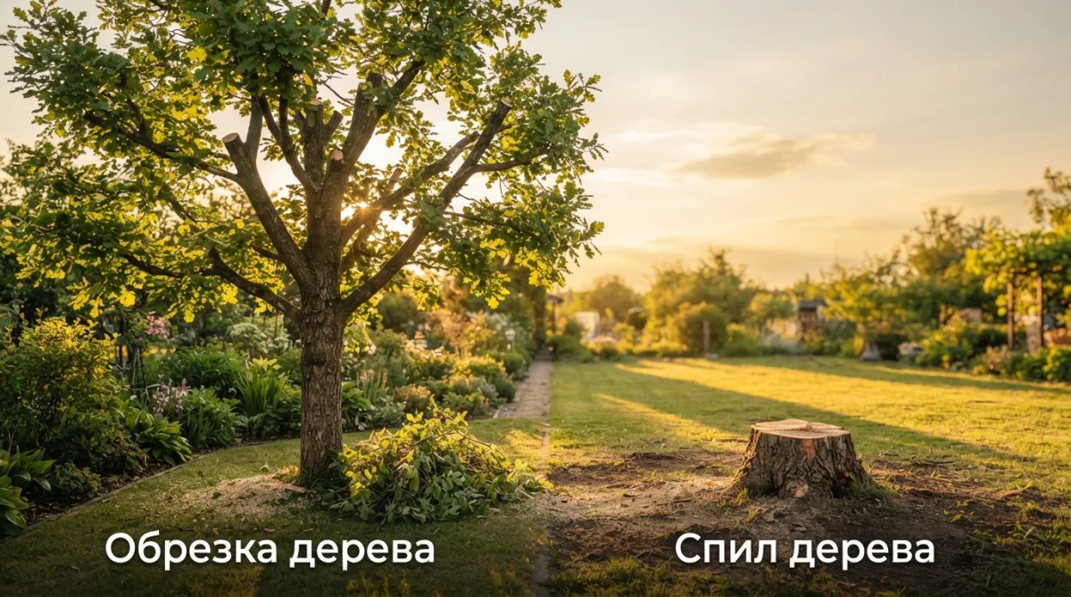 Обрезка дерева или спил дерева — общий вид на участке в Сочи